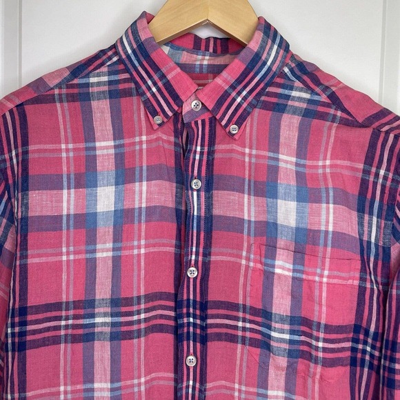 Southern Tide Linen Trim Fit Skipjack Pink Blue Plaid Button Up Shirt Medium M - Picture 3 of 14